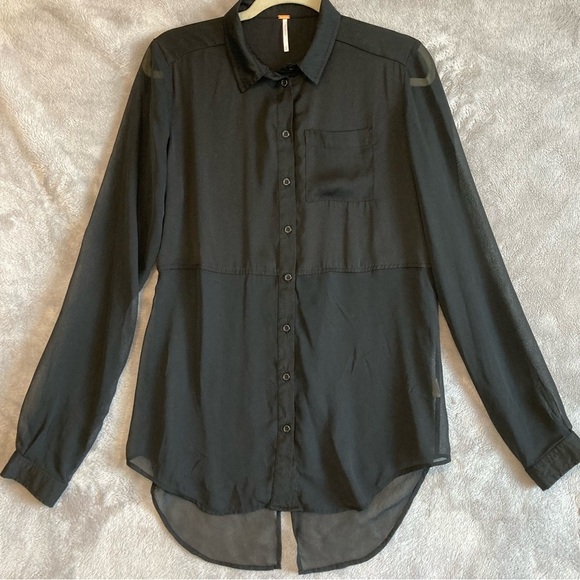 Free People Black Long Sleeve Button Down Sheer Bottom Half Size Small - Picture 1 of 12